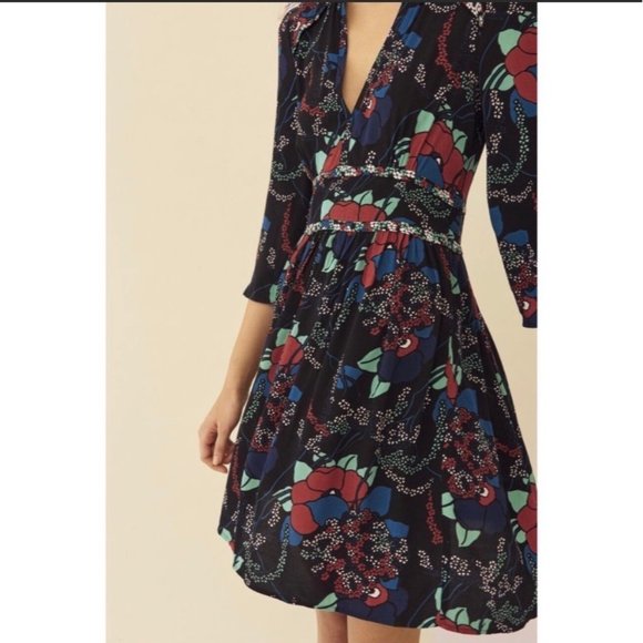 Ba&sh Agathe Dress Black Floral V Neck Three Quarter Sleeve Size 4 - Picture 15 of 15